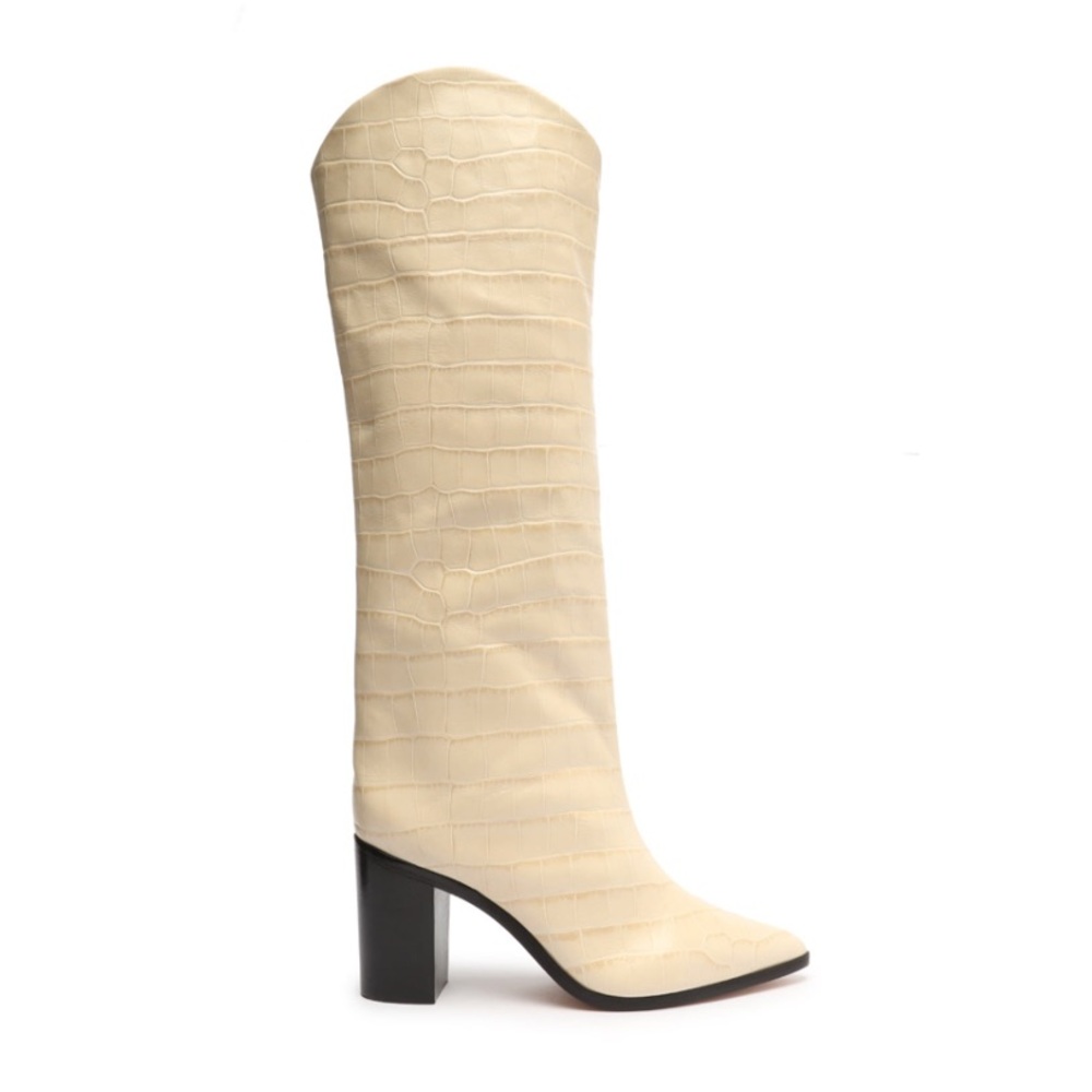 Elegant Cream Croc-Embossed Knee-High Boots